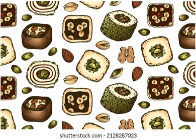 Outline drawing pattern of Turkish delight isolated on transparent background. Sketch hand drawn rahat lokum wallpaper, jelly sweets with hazelnut, cocoa, pistachio, chocolate. Vector illustration.