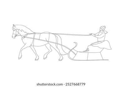 Outline drawing of a person riding a horse-drawn sleigh in winter clothing