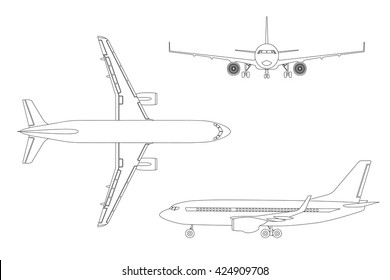 Outline Drawing Plane In A Flat Style On A White Background. Top View, Front View, Side View. Vector Illustration