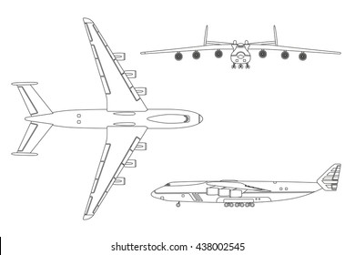 Outline drawing plane in a flat style on a white background. Top view, front view, side view. Vector illustration