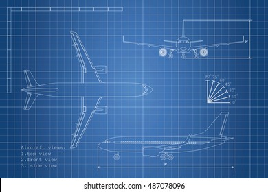 Outline drawing plane on a blue background. Top, side and front view. Vector illustration