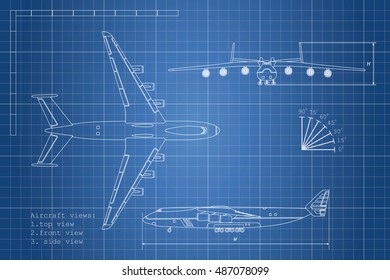 Outline drawing plane on a blue background. Top, side and front view. Vector illustration