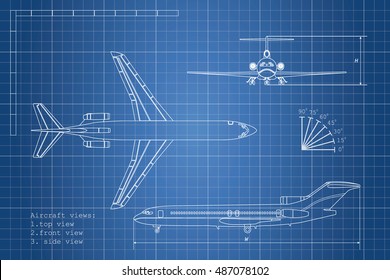 Outline drawing plane on a blue background. Top, side and front view. Vector illustration