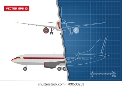Outline drawing of plane on a blue background. Industrial blueprint of airplane. Side and front view. Vector illustration