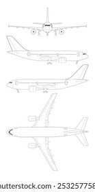 Outline drawing plane on a white background. Top view, front view, side view. Vector illustration