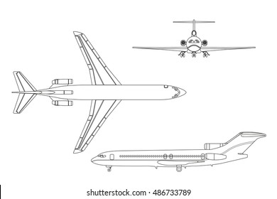 Outline drawing plane on a white background. Top, front , side view. Vector illustration