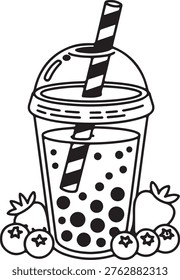 Outline drawing of a popular bubble tea beverage, complete with a straw and a vibrant assortment of fresh berries.