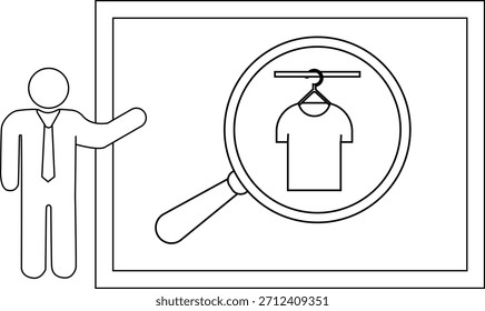 Outline drawing of a presenter next to a screen showing a magnifying glass focusing on a Tshirt on a hanger