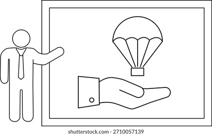 An outline drawing presents a figure explaining a hand catching a parachute inside a frame