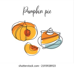 Outline drawing of pumpkin pie. Contour of a pumpkin and a piece of pie with bright abstract elements. Autumn Thanksgiving food vector illustration. Autumn pumpkin line art. Minimalist art