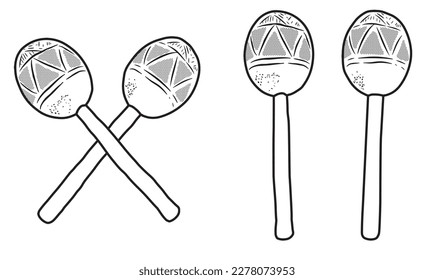 Outline drawing of rattles maracas. Indigenous musical instruments made with gourd and seeds. Vector illustration isolated on white background.