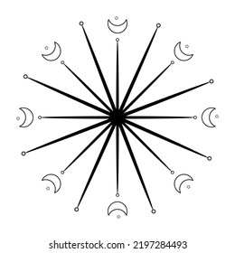 Outline drawing of rays of the sun in vintage style. Tattoo flesh design, yoga logo. Boho print, poster, t-shirt textile. Anti stress book. Isolated vector illustration.