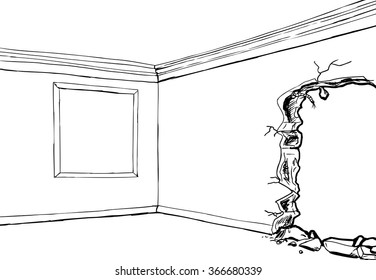 Outline drawing of room with empty picture frame and partially destroyed wall