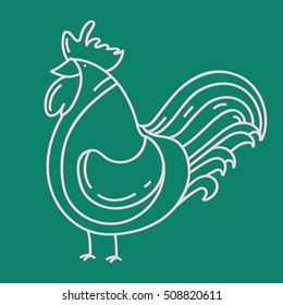 Outline drawing of a rooster.  Symbol of 2017 year isolated on the green background.