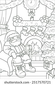 Outline drawing of Santa sitting on at the front of fireplace. Good for coloring pages or any image you need this holiday season