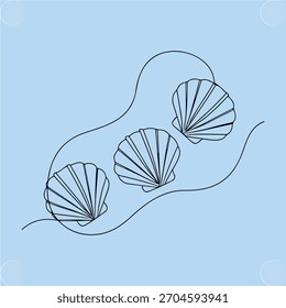 Conchas de vieira de dibujo de contorno con línea ondulada