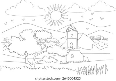 Desenho de contorno de uma paisagem serena com uma torre de igreja, árvores, montanhas, sol, nuvens e pássaros, ideal para colorir páginas ou ilustrações simples.