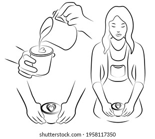 Outline Drawing Set Of Barista Icon , Sketch Of Human Making A Coffee, Line Art Cup Of Coffee, Cappuccino, Latte Art, Espresso. Woman Hold A Mug. Cafe Menu Background,  Cafeteria. Vector Illustration.