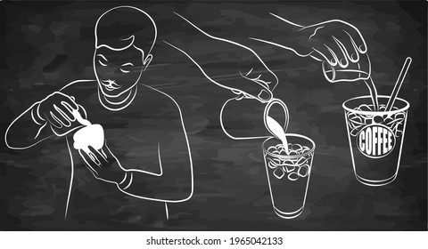 Outline drawing set of barista making a coffee isolated on chalkboard. Line art cup of iced latte, milk, espresso pouring, sketch man making a drink. Cafe label, menu, blackboard. Vector illustration.