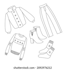Outline drawing. A set of winter clothes: pants, sweater, socks, ankle boots and a short fur coat. A vector simple illustration suitable for children's books and coloring pages, clothing catalogs.