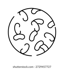 Umrisszeichnung, die mikroskopische Bakterien und andere Mikroorganismen zeigt, die sich in einer kreisförmigen Petrischale vermehren, als Symbol für Mikrobiologie, Wissenschaft und die Erforschung von Pathogenen