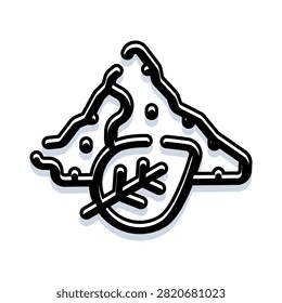 Outline drawing showing a mountain peak and a plant leaf, merging to form a cohesive symbol representing environmental protection and outdoor activities