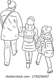 Outline drawing of silhouettes mother with her little kids walking outdoors