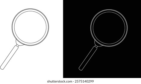 Outline drawing of a simple magnifying glass shown on contrasting black and white backgrounds.