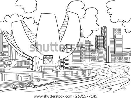 Outline drawing of Singapore's famous ArtScience Museum and modern cityscape along the bay, ideal for creative projects.