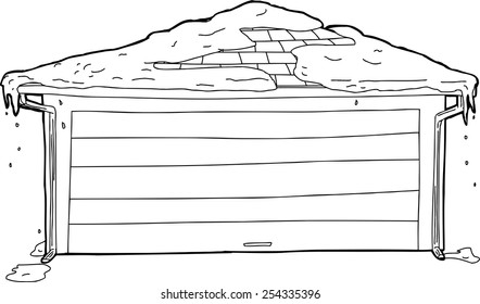 Outline drawing of single door garage with snow on top
