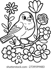 Outline drawing of a small bird on a branch amidst various flowers, ideal for coloring books and nature-themed activities.
