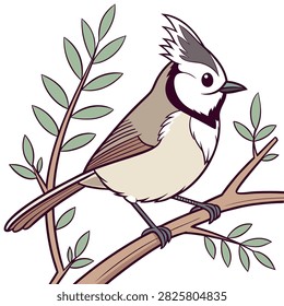 Outline drawing of small tufted bird sitting on tree branch with green leaves. Detailed hand-drawn illustration suitable for children coloring book project.