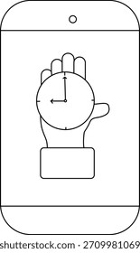Esquema de un teléfono inteligente que muestra una mano sosteniendo un reloj en su pantalla