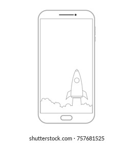 Outline drawing smartphone. phone screen and rocket illustration design over a white background