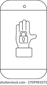 Un dibujo de contorno de la pantalla de un teléfono inteligente que muestra una mano con un icono de candado
