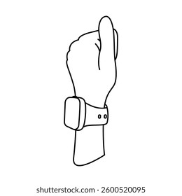 Outline drawing of a smartwatch on a hand. Digital lifestyle, time management, and fitness tracking
