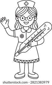 Outline drawing of smiling nurse holding large medical thermometer. Healthcare professional wearing uniform cap.