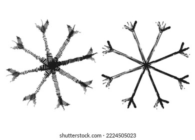 Outline drawing of a snowflake in a doodle style. Set of two images. Line art. Icon. Isolate