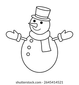 Outline drawing of snowman isolated on a white background. Linear icon, vector illustration. Cheerful snowman with cap, mittens and scarf.	