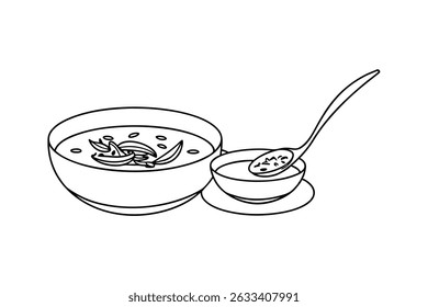 Outline Drawing Of Soup In Bowls With Spoon Ready To Eat