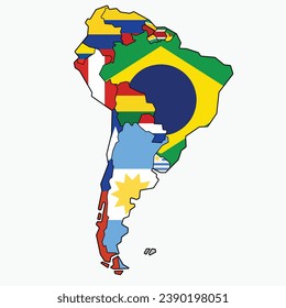 Outline drawing of South america countries flag map.