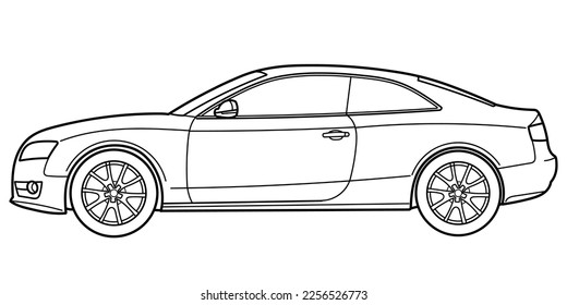 Outline drawing of a sport hatchback car from side view. Classic 90s, 00s style. Vector outline doodle illustration. Design for print or color book.