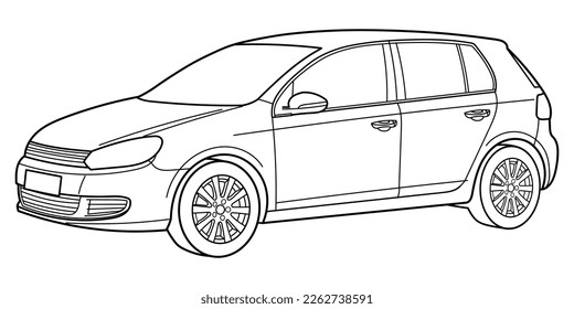 Outline drawing of a sport hatchback car from side view. Classic modern style. Vector outline doodle illustration. Design for print or color book.