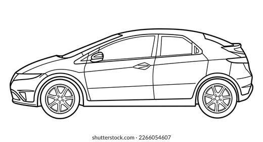 Outline drawing of a sport hatchback car from side view. Classic modern style. Vector outline doodle illustration. Design for print or color book.	
