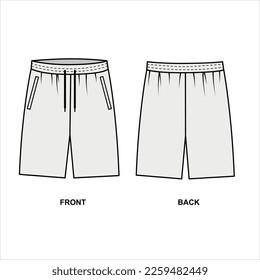 Outline drawing of sports men's shorts on a white background, vector. Shorts front and back view template, vector. Figure Swimming trunks for men. Drawing of sports shorts for an active lifestyle.