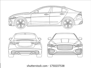 outline drawing of a sports sedan, view from three sides. Jaguar XE.