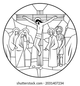 Outline drawing of stained glass window depicting the scene of the Crucifixion of Christ in a round frame. Vector illustration