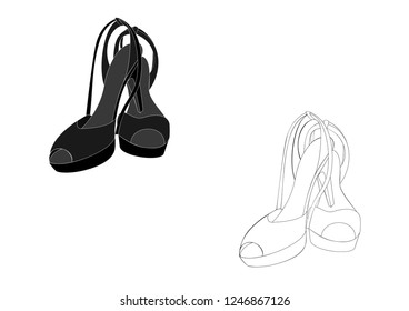 Outline drawing of stylish women's shoes with ribbons on a high heel. Vector Image, EPS 8.0