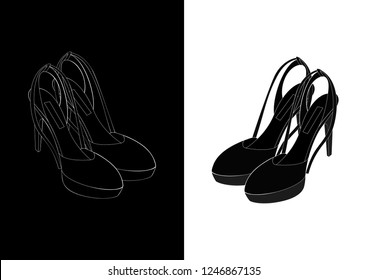 Outline drawing of stylish women's shoes with ribbons on a high heel. Vector Image, EPS 8.0