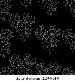 Outline drawing of sunflower, vector illustration. Seamless pattern.